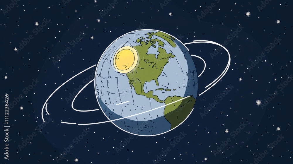 Naklejka premium Earth axis diagram illustration showing the tilt of the Earth's rotational axis relative to its orbital plane, explaining the cause of seasonal changes and the distribution of sunlight