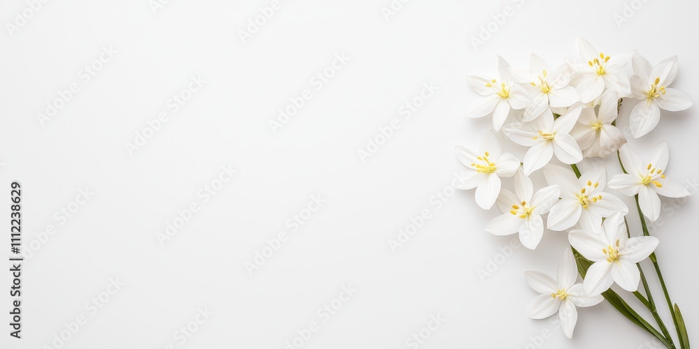 A delicate arrangement of white flowers on a clean, minimalistic background. A delicate arrangement of white flowers on a clean, minimalistic background.