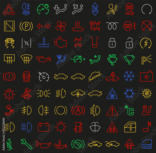 Colored car dashboard icons. Car control panel interface. Dashboard icons.