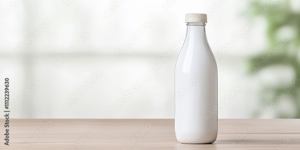 A minimalist design featuring a glass bottle of milk on a wooden table in soft lighting. A minimalist design featuring a glass bottle of milk on a wooden table in soft lighting.