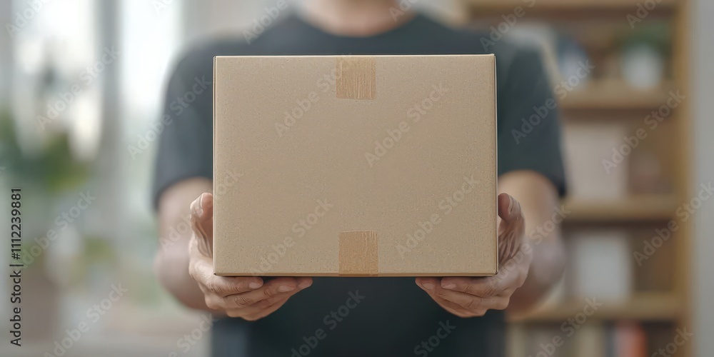 A person holding a plain cardboard box, ready for delivery or unboxing. A person holding a plain cardboard box, ready for delivery or unboxing.
