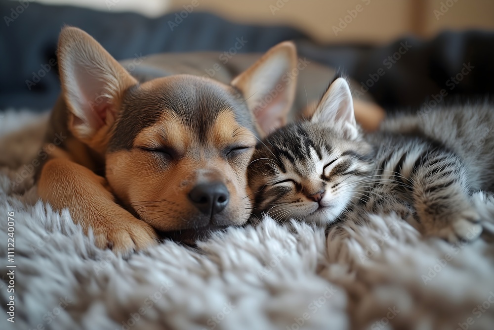 Cute puppy and kitten sleeping together on a cozy blanket in a warm indoor setting during the day Cute puppy and kitten sleeping together on a cozy blanket in a warm indoor setting during the day