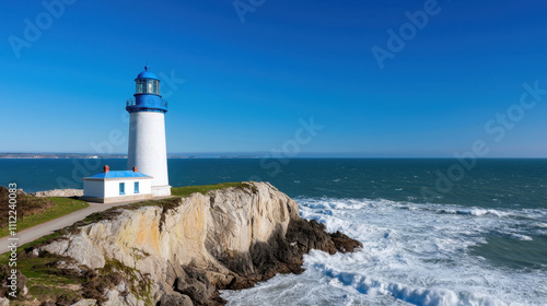 Pacific Ocean. A scenic lighthouse stands on a cliff overlooking the ocean, surrounded by vibrant blue skies and crashing waves.