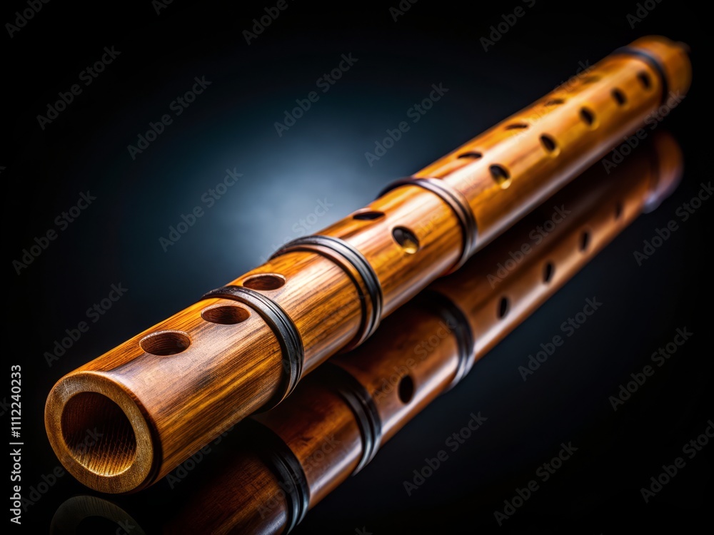 Naklejka premium Detailed Close-Up of a Traditional Chinese Bamboo Flute Against a Black Background Highlighting Its Intricate Texture and Cultural Significance in Music