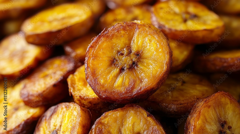 Fried plantains close-up photography culinary art high detail golden yellow tones nutrient-rich dish Fried plantains close-up photography culinary art high detail golden yellow tones nutrient-rich dish