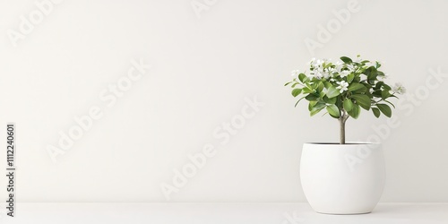 A small potted plant with white flowers against a minimalist background.