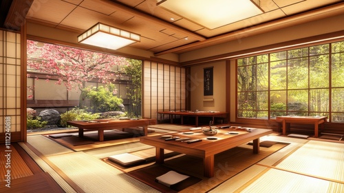 Japanese oriental restaurant room interior building decoration.