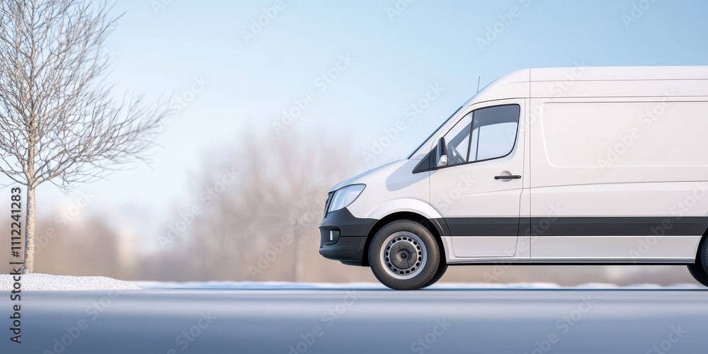 A white delivery van parked on a snowy road under a clear blue sky. A white delivery van parked on a snowy road under a clear blue sky.