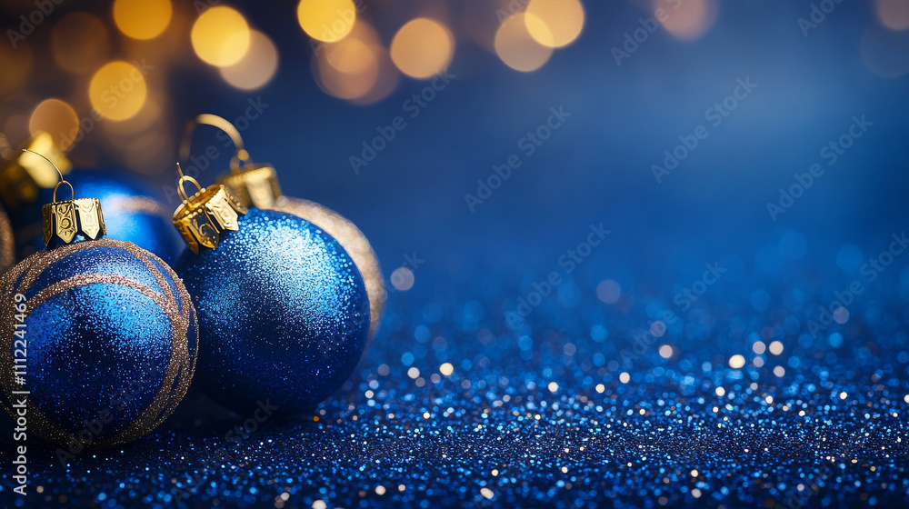 Fototapeta premium Blue Christmas Ornaments with Festive Lights