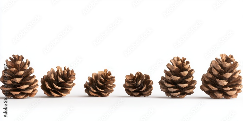 Arrangement of pinecones showcasing natural textures against a white background. Arrangement of pinecones showcasing natural textures against a white background.