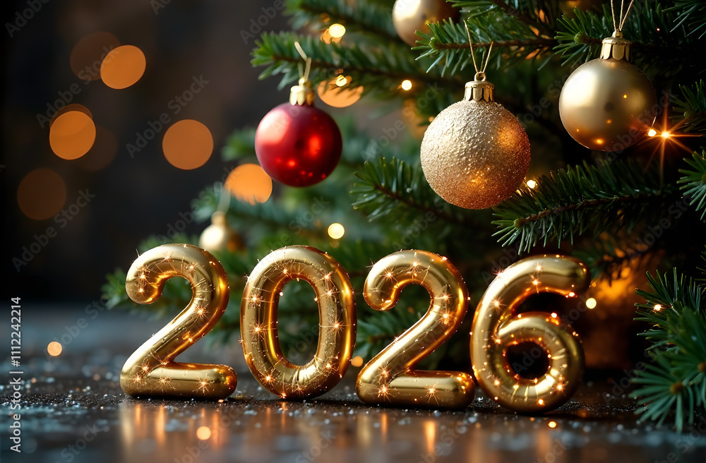 Gold
numbers 2026 illuminated on a blurred background with a Christmas tree decorated with toys and balls and bokeh lights. Happy New Year. Festive horizontal banner, card. Gold
numbers 2026 illuminated on a blurred background with a Christmas tree decorated with toys and balls and bokeh lights. Happy New Year. Festive horizontal banner, card.