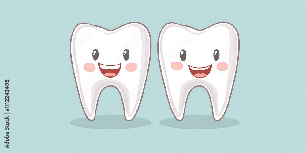Cute cartoon teeth smiling happily on a blue background, promoting dental health. Cute cartoon teeth smiling happily on a blue background, promoting dental health.