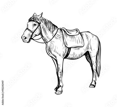 Hand drawn black and white sketch of Horse. Farm animal. Horse is a symbol of the 2026 Chinese New Year. Holiday vector illustration of Zodiac Sign for greeting card, flyer, banner, calendar