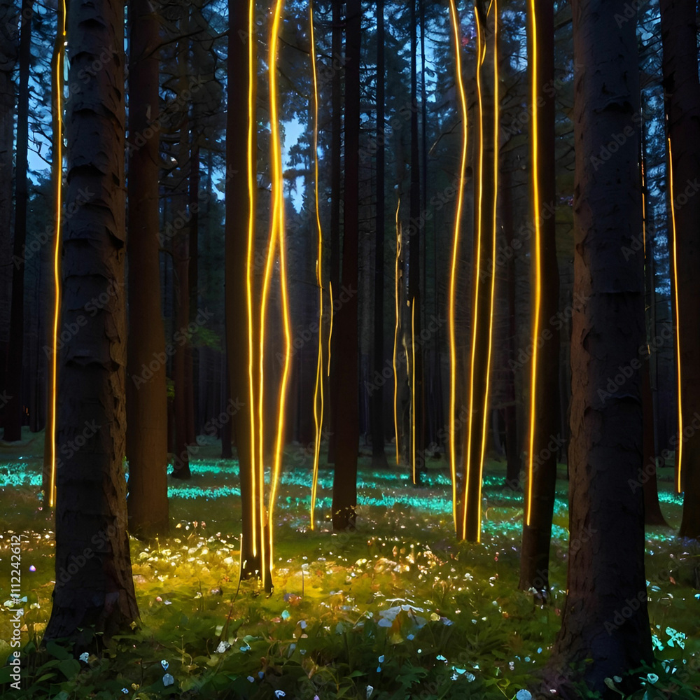 Fototapeta premium Luminous Woods: The Enchantment of Glowing Circuits Where Nature and Technology Create a Magical Realm