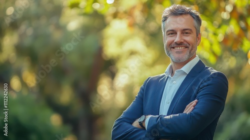 Happy middle aged business man entrepreneur looking at camera outdoors. Smiling confident mature businessman professional executive, successful lawyer wearing suit standing arms crossed, portrait.