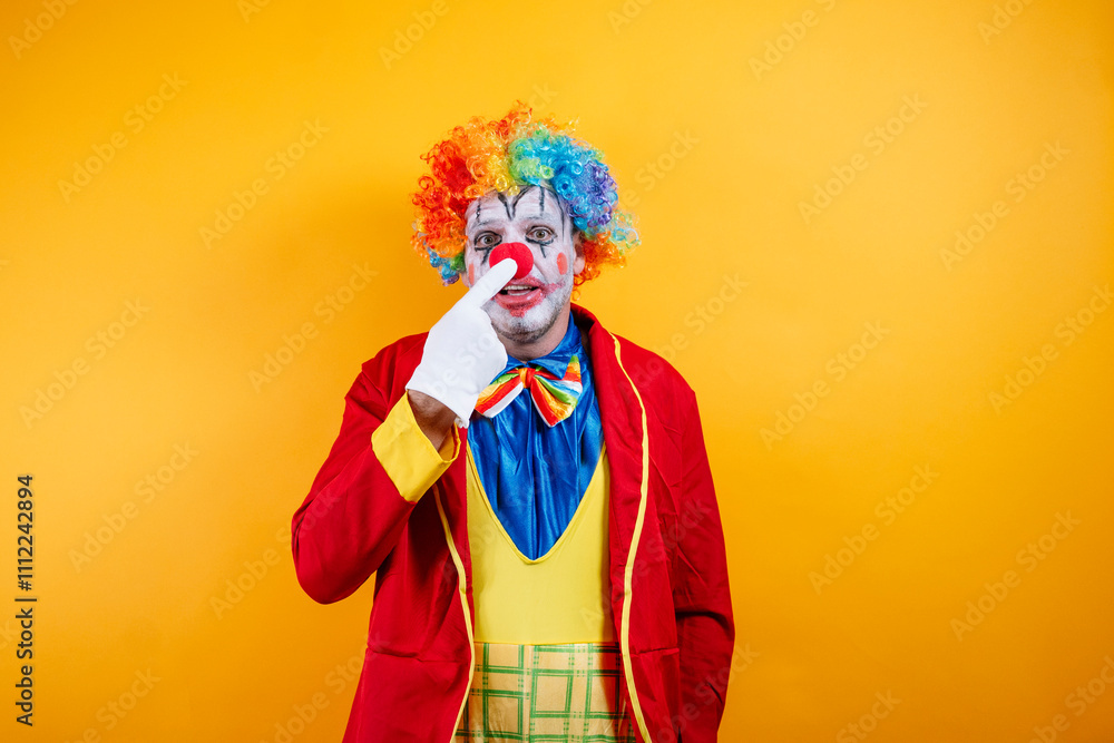 Smiling clown pointing at his nose, vibrant yellow background, funny. Smiling clown pointing at his nose, vibrant yellow background, funny.