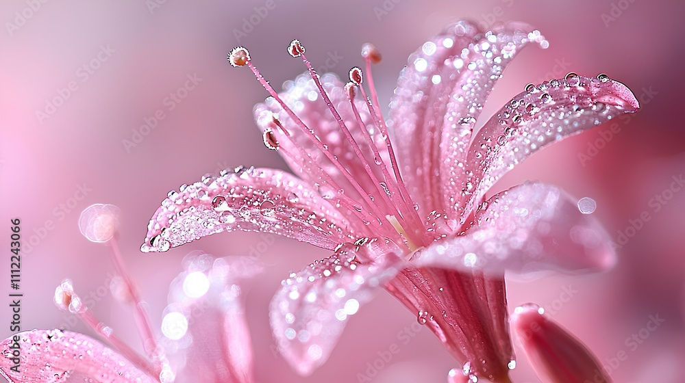 Fototapeta premium Macro Shot of a Pink Dew-Kissed Nerine Flower in Soft Light