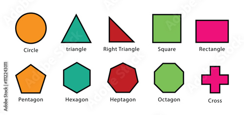 Basic geometric colorful shapes collection. Geometric shapes names in mathematics.