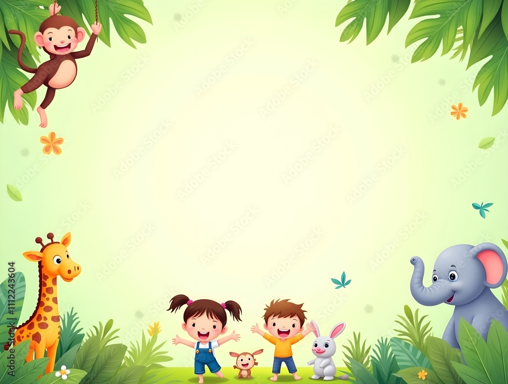 kindergarten template, Baby animal and baby character frame background in the jungle. Generative ai kindergarten template, Baby animal and baby character frame background in the jungle. Generative ai