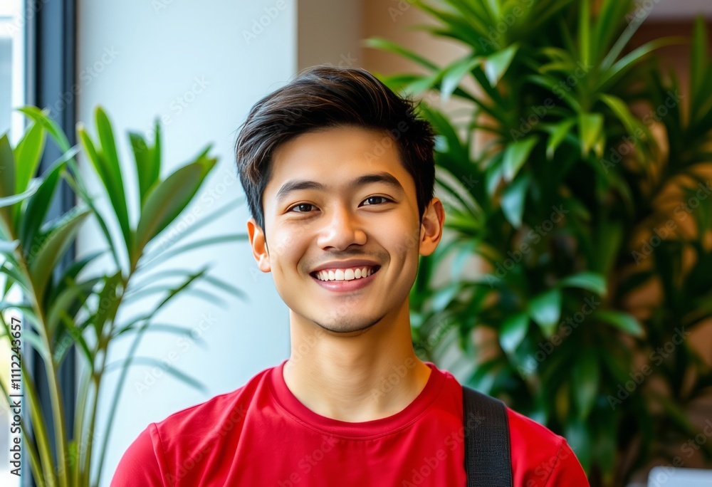 Smiling young asian man in red shirt Smiling young asian man in red shirt