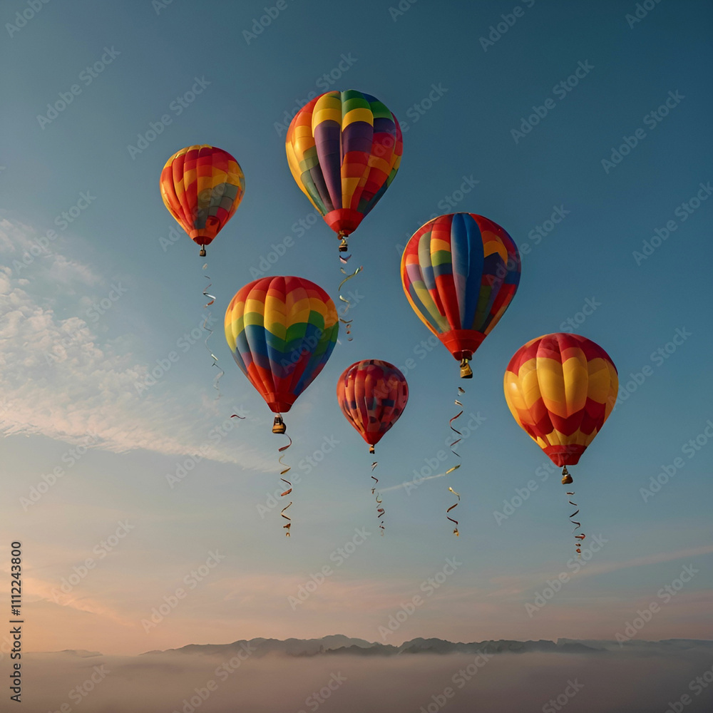 Naklejka premium Colorful Ascent: Balloons Dancing in a Smoky Sky Where Dreams Take Flight Amidst the Haze