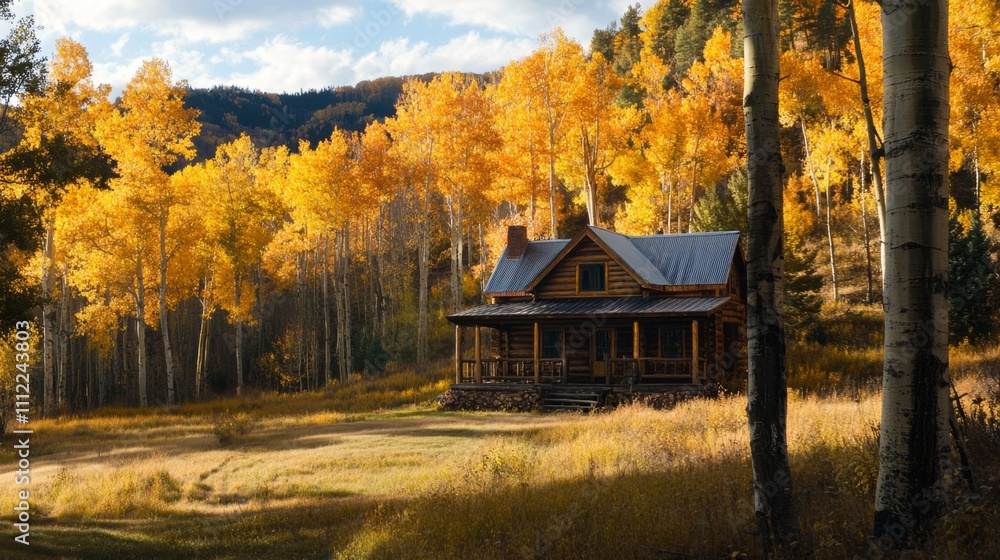 Autumn Cabin in the Woods - Golden Hour Serenity Autumn Cabin in the Woods - Golden Hour Serenity