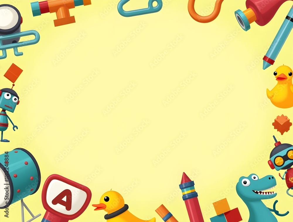 Fototapeta premium Daycare Center Cute Toy Frame Yellow Background. Generative ai