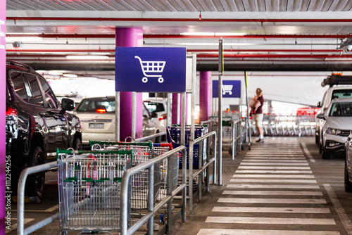 trolley return sign in undercover carpark at large shopping centre