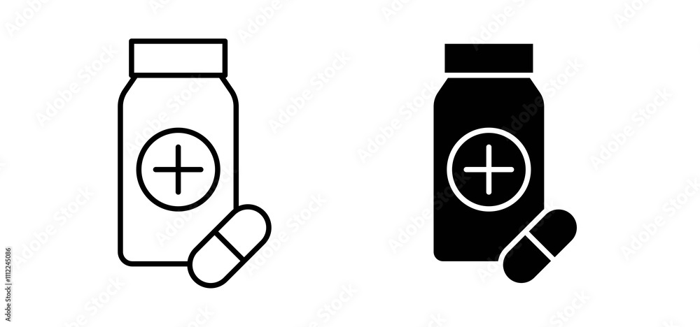 Pill bottle icons in black filled and outlined style Pill bottle icons in black filled and outlined style
