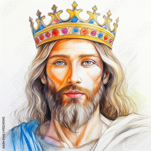Jesus Christ with the crown of a king on his head as a pencil sketch on white paper. king of jew