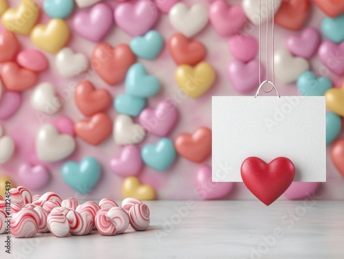 Shiny tag with candy heart design and playful  Valentine s Sale  text, 3D rendering photo