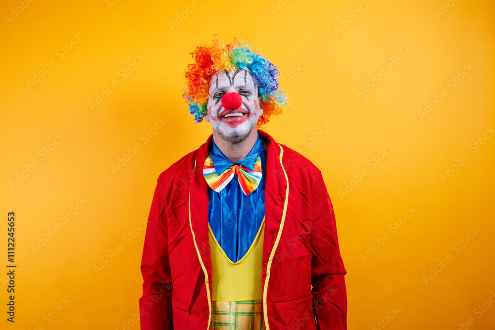Happy clown in colorful costume against vibrant yellow background. Happy clown in colorful costume against vibrant yellow background.