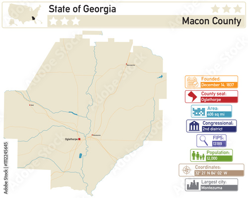 Detailed infographic and map of Macon County in Georgia USA.