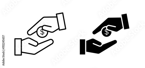 Hand money exchange icons in black filled and outlined style