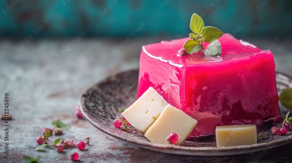 Vibrant Pink Gelatin Dessert with Creamy Cheese and Green Herbs on Rustic Plate, Ideal for Gourmet Food Photography and Culinary Presentations Vibrant Pink Gelatin Dessert with Creamy Cheese and Green Herbs on Rustic Plate, Ideal for Gourmet Food Photography and Culinary Presentations