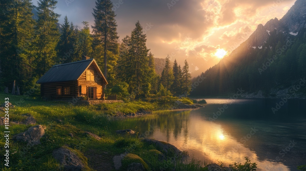 Fototapeta premium Serene Log Cabin by a Tranquil Lake Amidst Lush Forest and Majestic Mountains During Golden Hour, Capturing Nature's Splendor and Peaceful Atmosphere