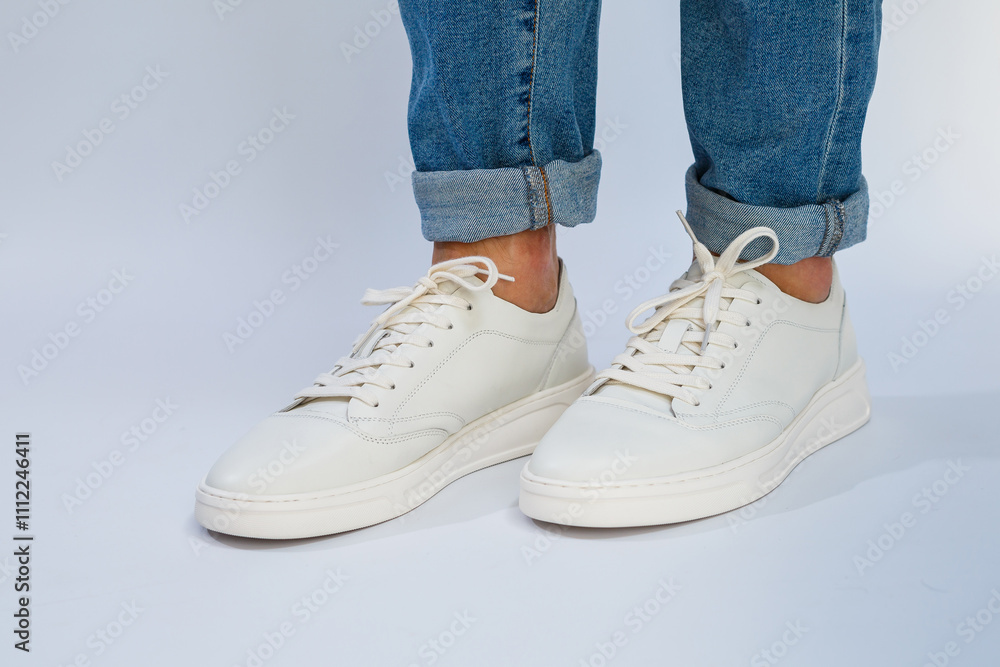 Men's feet in white everyday sneakers made of natural leather on lacing. Men's feet in white everyday sneakers made of natural leather on lacing.