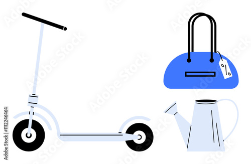 Scooter with black handle, blue handbag with tag, and gray watering can. Ideal for travel, gardening, leisure, shopping, urban mobility lifestyle simplicity. Line metaphor