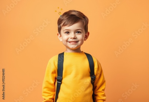 Portrait of smart clever small kid with tails dressed yellow sweatshirt