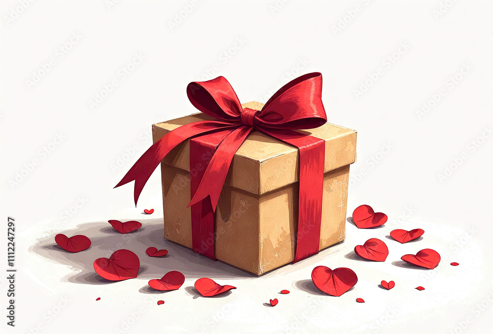 Elegant Gift Box with Red Ribbon and Scattered Heart Petals Elegant Gift Box with Red Ribbon and Scattered Heart Petals