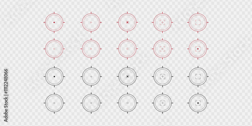 Target and aim icon. Aim gun big set. Red Crosshair. Shooting of firearms. Precisely target. Successfully target. Aim big set	
