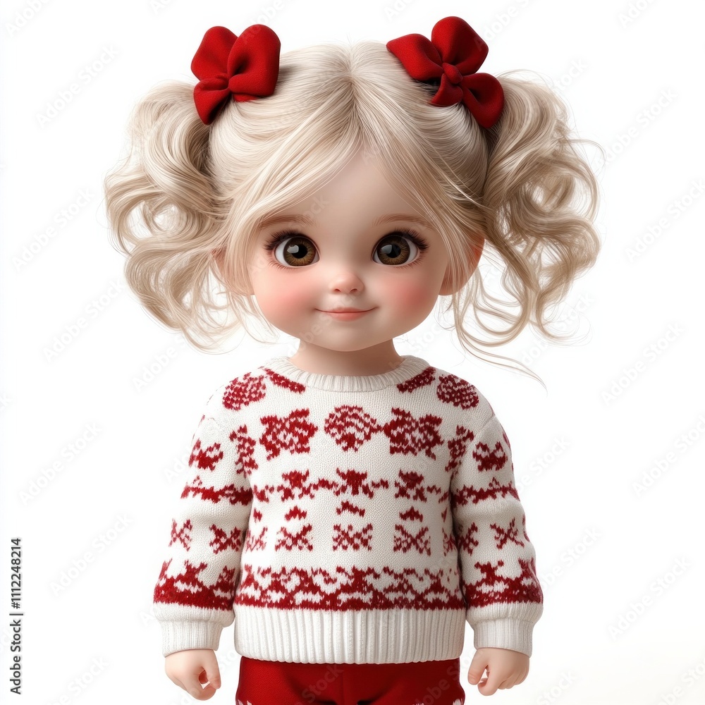 A cute doll with blonde hair styled in pigtails, wearing a festive red and white sweater adorned with patterns, and red bows in her hair. A cute doll with blonde hair styled in pigtails, wearing a festive red and white sweater adorned with patterns, and red bows in her hair.