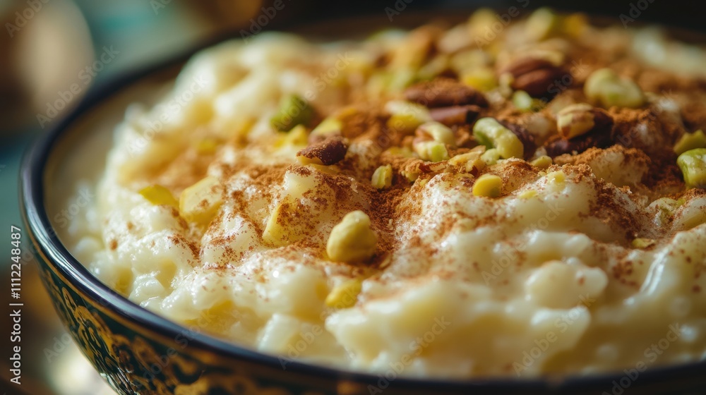 Creamy Rice Pudding Topped with Nuts and Spices in an Elegant Bowl Setting Ideal for Culinary and Food Photography Inspiration Creamy Rice Pudding Topped with Nuts and Spices in an Elegant Bowl Setting Ideal for Culinary and Food Photography Inspiration