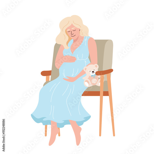 Pregnant woman in blue dress sitting in chair with teddy bear and stroking her baby bump, eagerly awaiting birth of long-awaited child. Happy mother with pregnancy belly flat vector design element