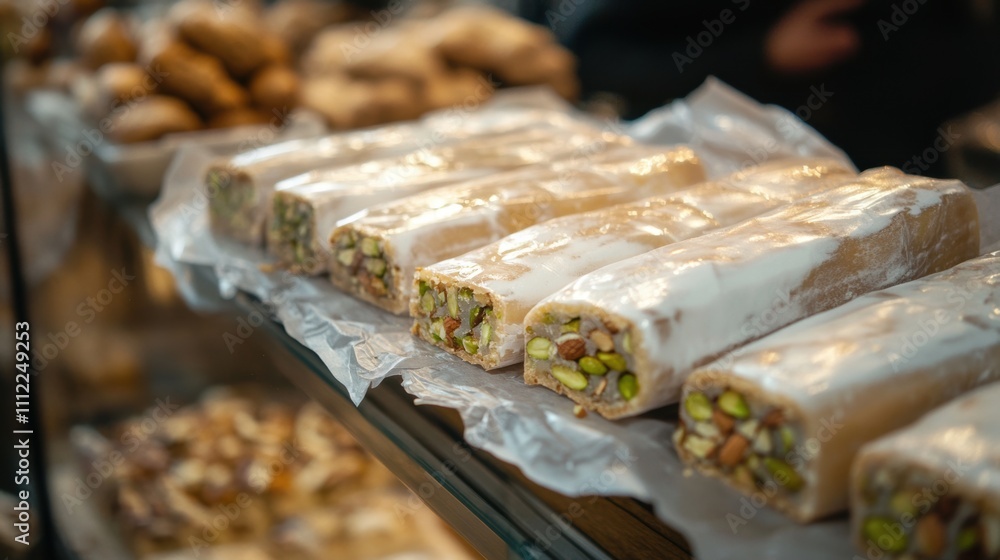 Delicious and Colorful Nutty Confectionery Display with Various Ingredients at a Market Stall, Showcasing Traditional Sweet Treats and Desserts Delicious and Colorful Nutty Confectionery Display with Various Ingredients at a Market Stall, Showcasing Traditional Sweet Treats and Desserts
