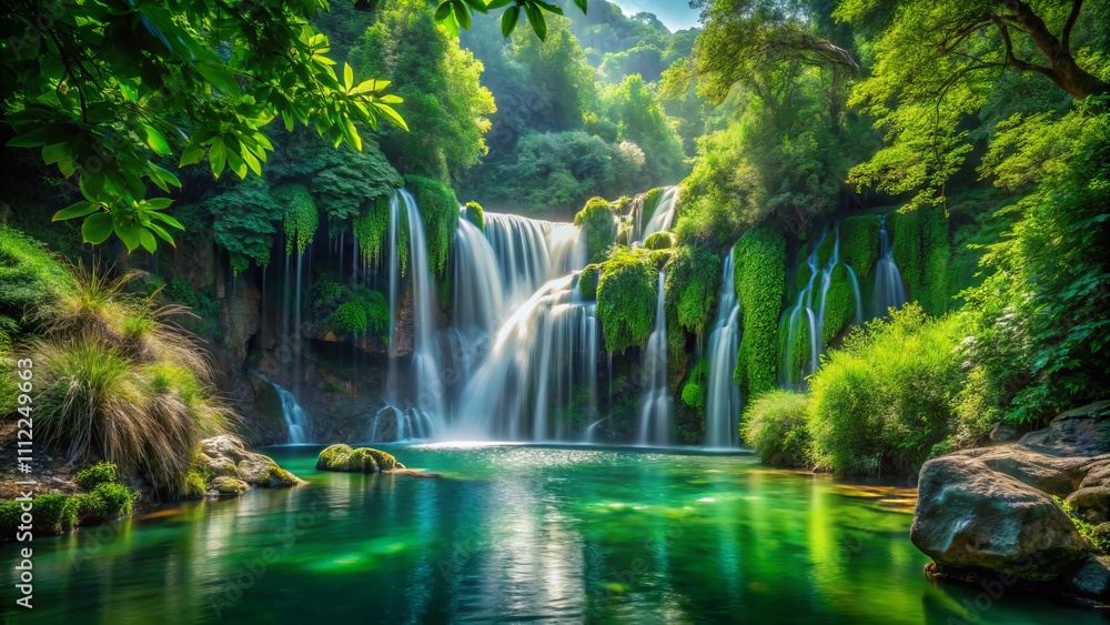 Enchanting Waterfall Cascading into a Serene Oasis Surrounded by Lush Green Foliage - A Low Light Photography Experience of Nature's Tranquility and Beauty Enchanting Waterfall Cascading into a Serene Oasis Surrounded by Lush Green Foliage - A Low Light Photography Experience of Nature's Tranquility and Beauty