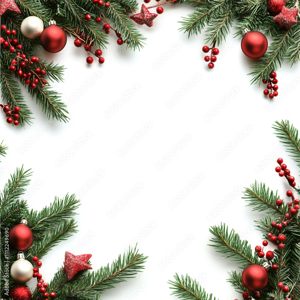 Borde de ramas de abeto con adornos navideños sobre fondo blanco, navidad y fiestas Borde de ramas de abeto con adornos navideños sobre fondo blanco, navidad y fiestas