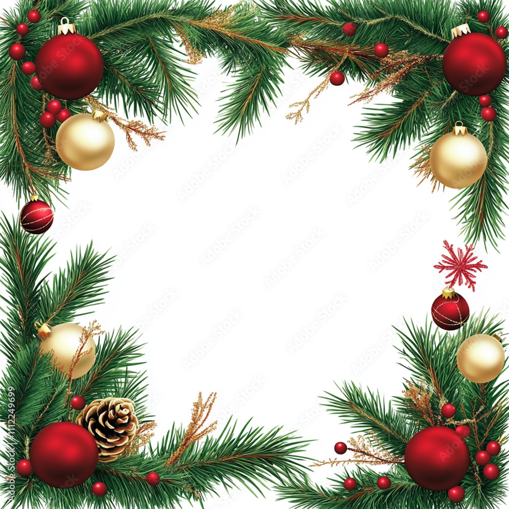 Borde de ramas de abeto con adornos navideños sobre fondo blanco, navidad y fiestas Borde de ramas de abeto con adornos navideños sobre fondo blanco, navidad y fiestas