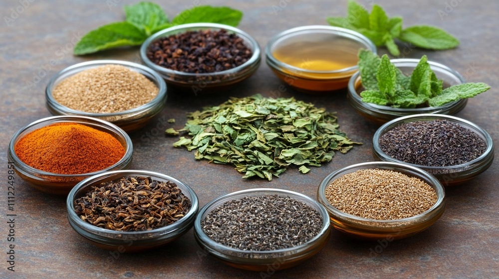 Colorful arrangement of spices and herbs on a rustic table showcases culinary diversity Colorful arrangement of spices and herbs on a rustic table showcases culinary diversity
