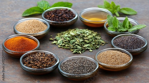 Colorful arrangement of spices and herbs on a rustic table showcases culinary diversity